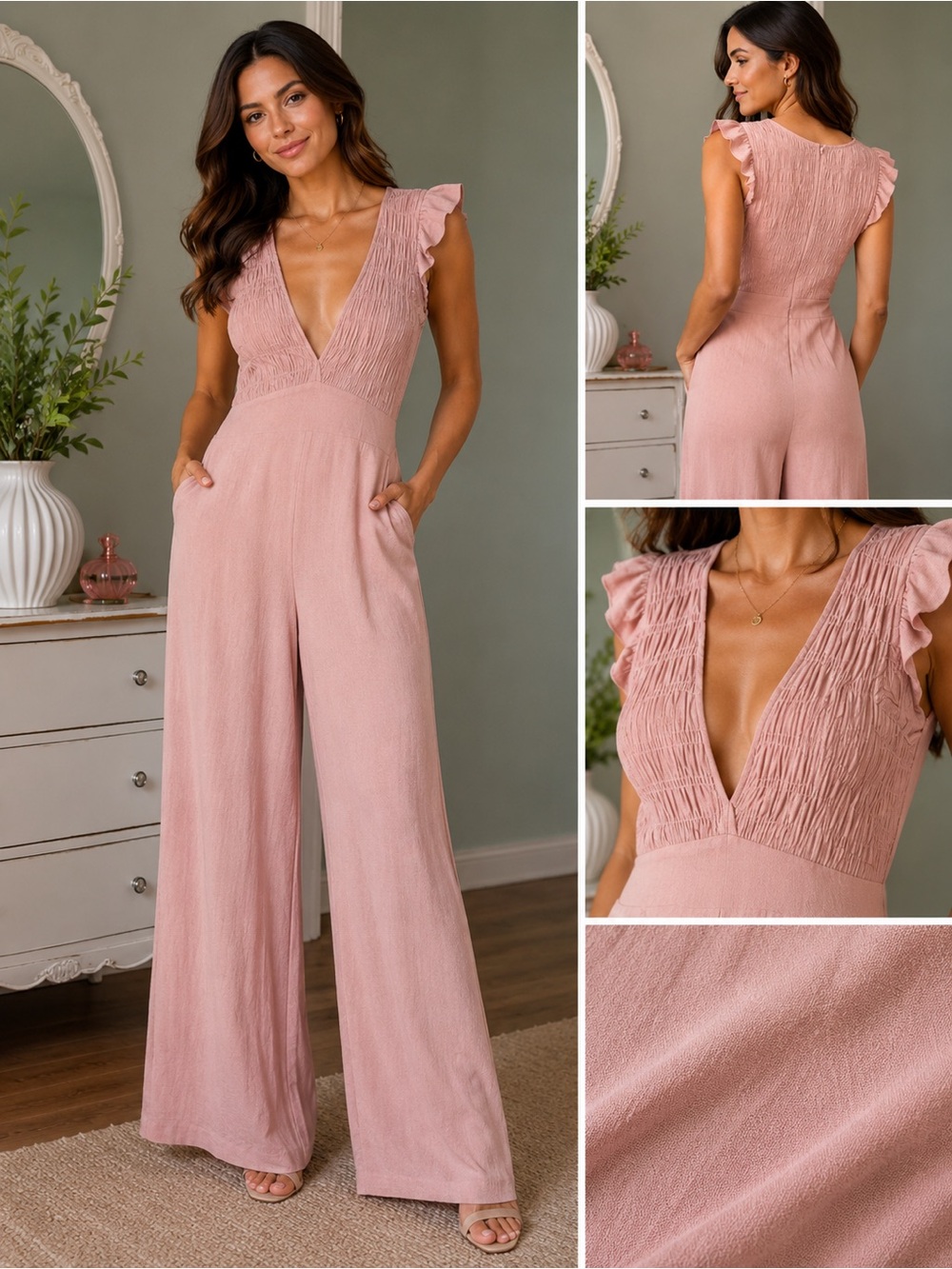 Rolla Coster Dusty Blush Linen Blend V-Neck Wide-Leg Jumpsuit